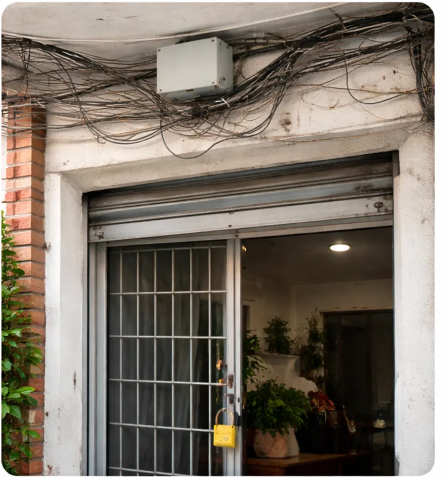 Antes: cableado expuesto en fachada de local (Valledupar / Barranquilla)