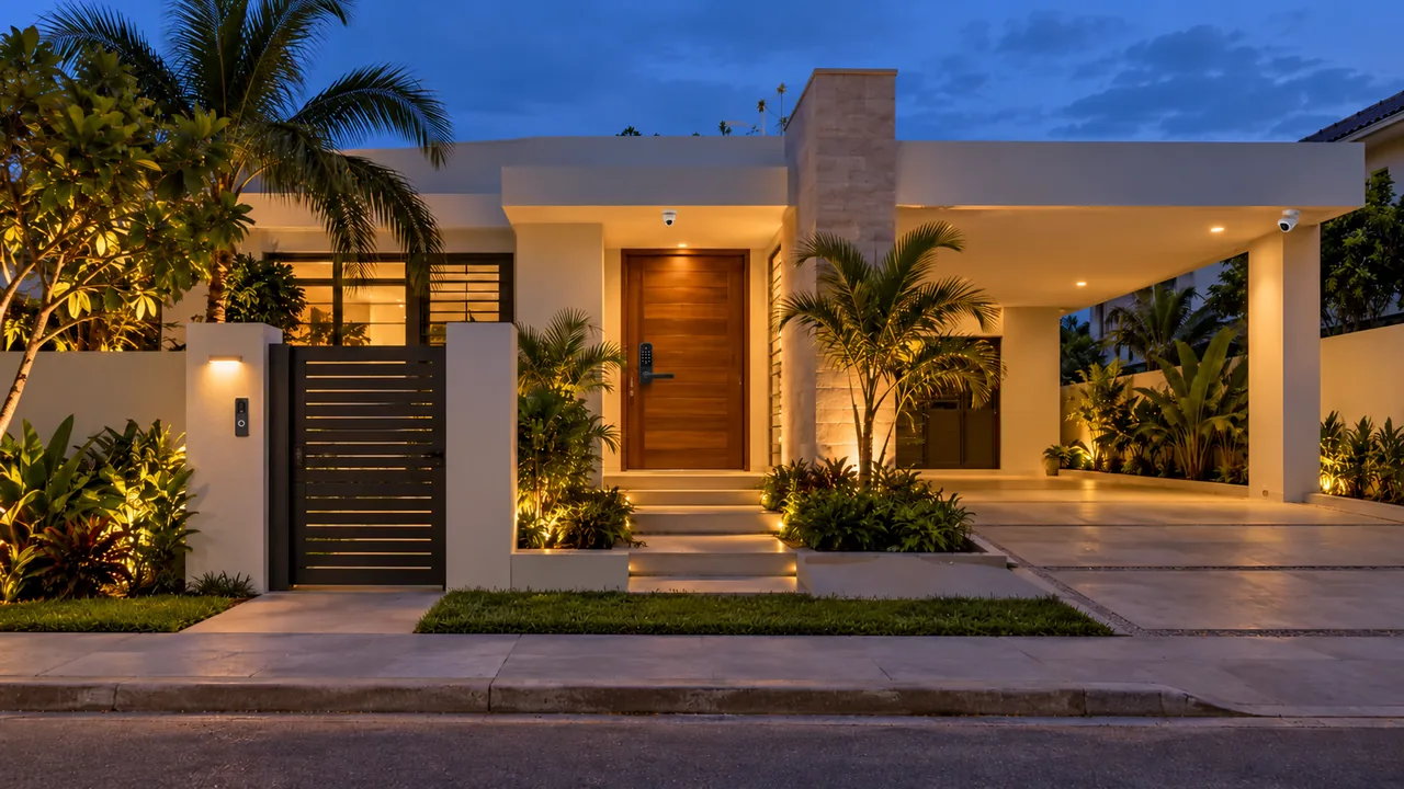 Fachada de una casa al atardecer con cámaras en el acceso y videoportero y cerradura inteligente en la entrada.
