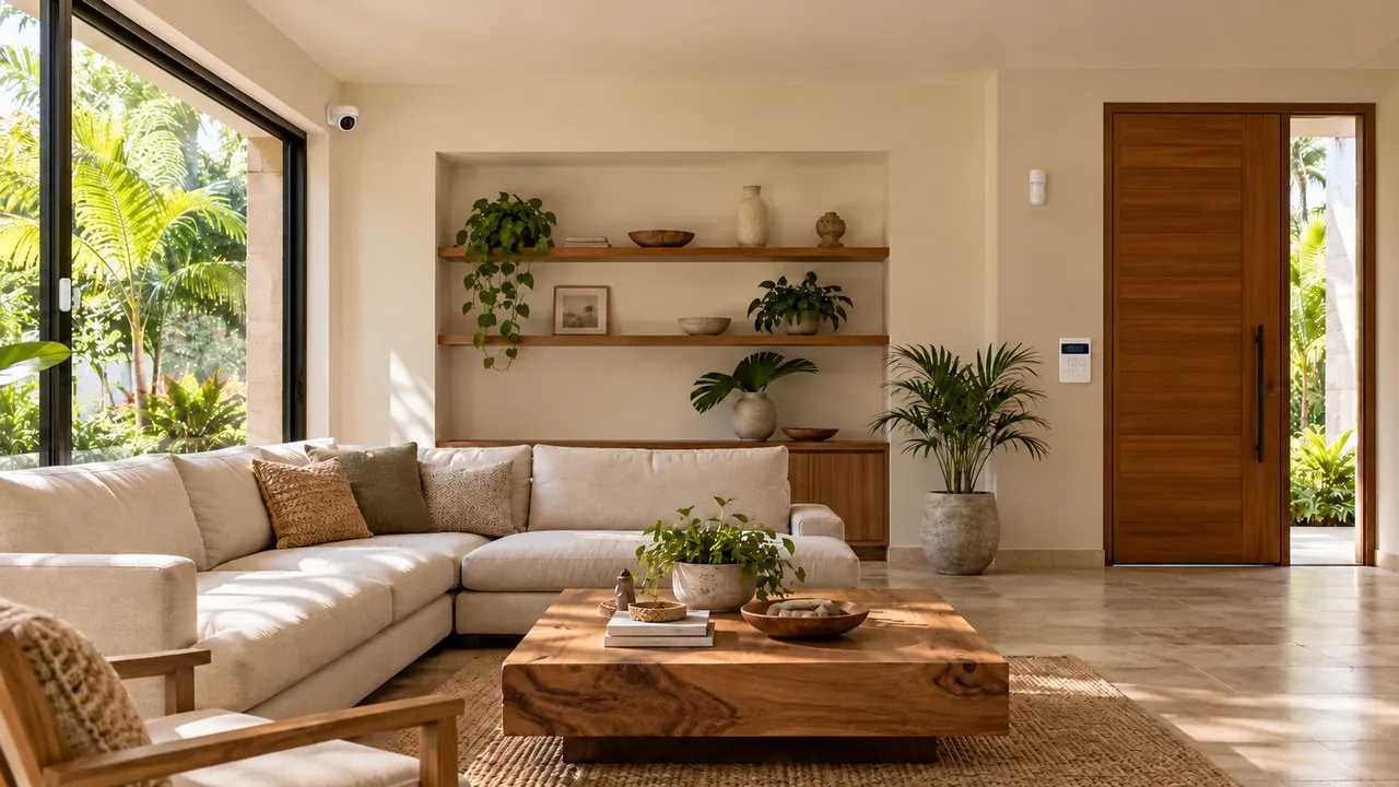 Sala de una casa con cámara interior, sensor de movimiento, teclado de alarma y sensor en la ventana.