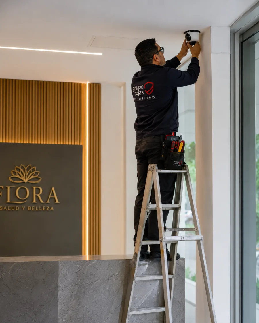 Técnico de Grupo Rojas instalando cámara en fachada